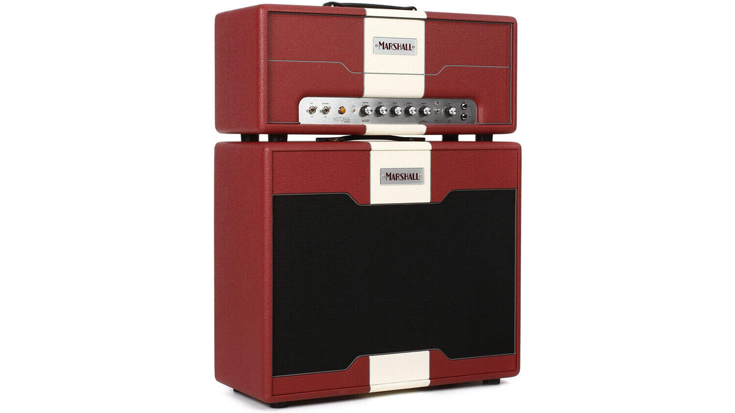 marshall astoria half stack front angled shot with maroon and white color scheme, black grille clothe, and controls