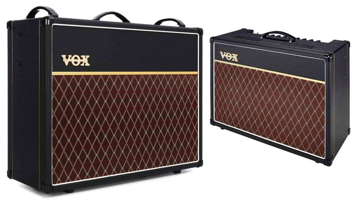 vox ac series guitar amps shot of two different models with black tolex, argyle grille cloth, and Vox logo