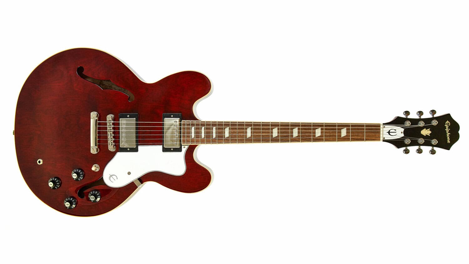 Epiphone Noel Gallagher Riviera semi-hollow guitar with dark red rinish, white pickguard, and nickel humbuckers