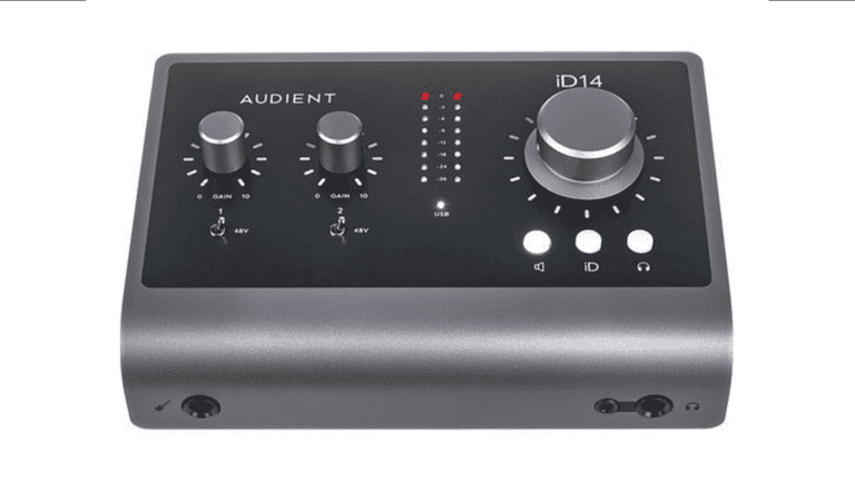 audient id14 mkii with grey enclosure and dark gray panel, control knobs, and metering
