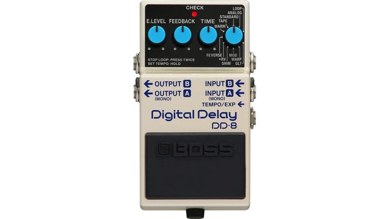 boss dd-8 top shot with Gray enclosure, 4 blue control knobs, and black foot switch