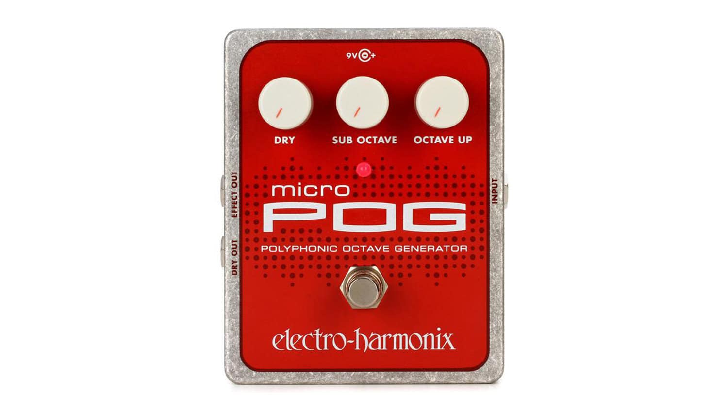 electro-harmonix micro pog guitar pedal with gray enclosure, red graphic, white text, and three white control knobs