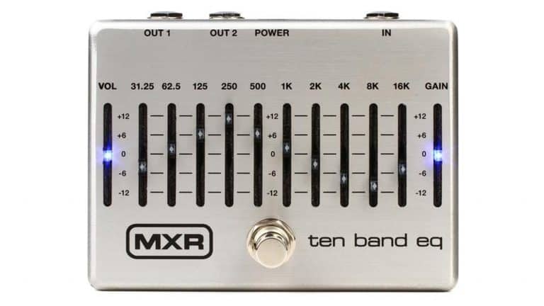 mxr 10-band eq with silver enclosure and frequency sliders with backlight LEDs