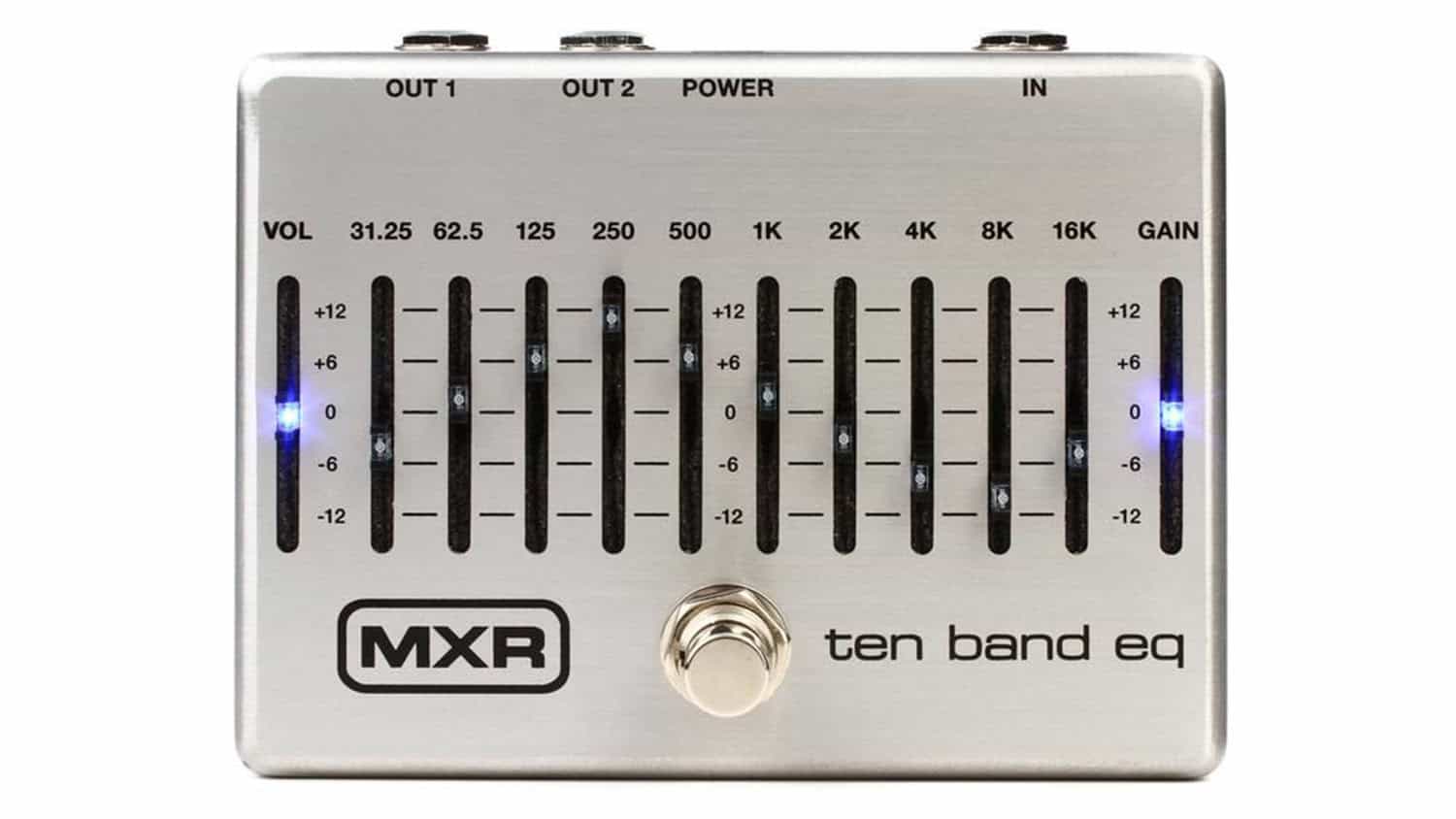 mxr 10-band eq with silver enclosure and frequency sliders with backlight LEDs