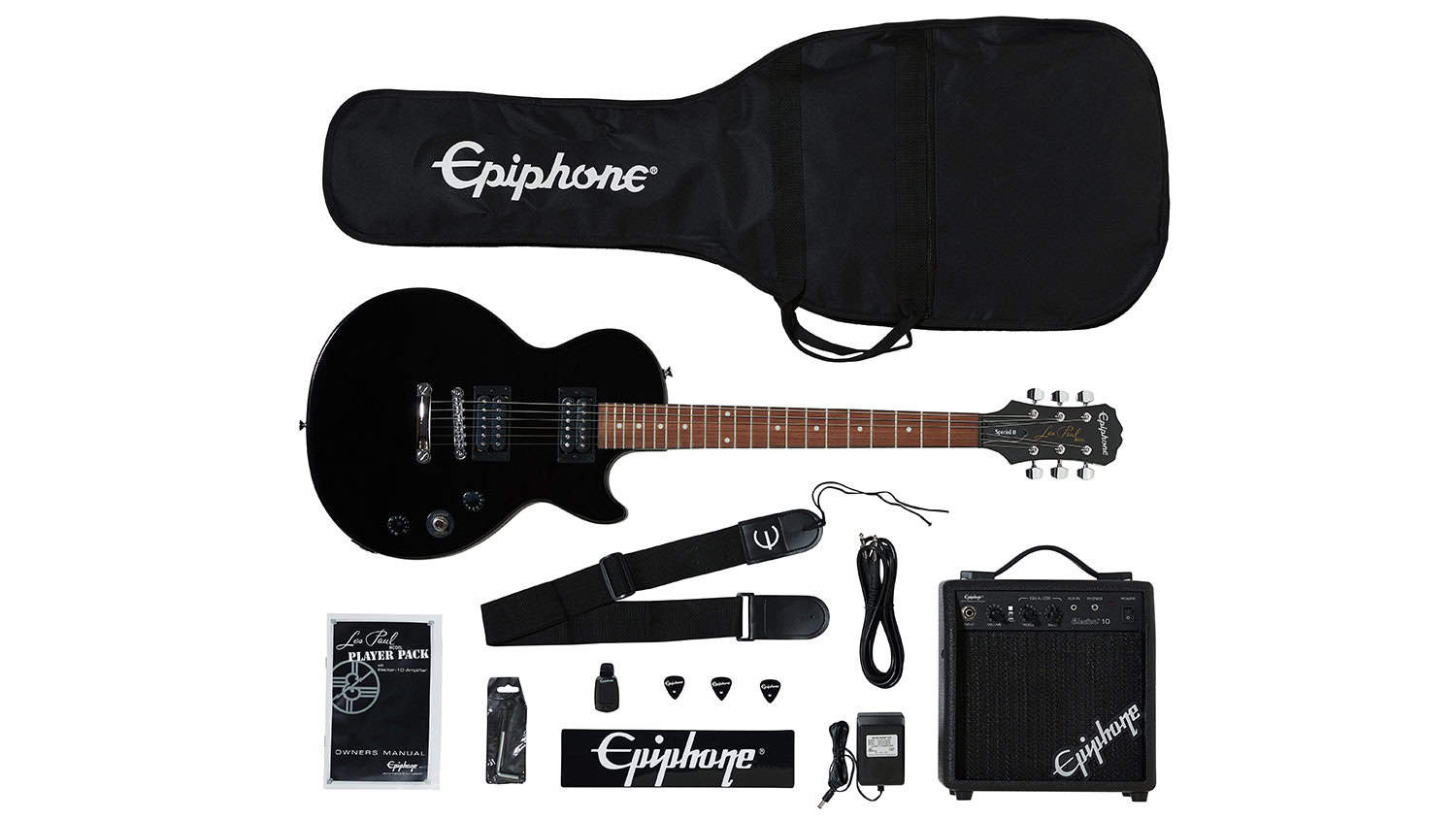 Epiphone Les Paul Player Pack beginner guitar bundle with black guitar and accessories