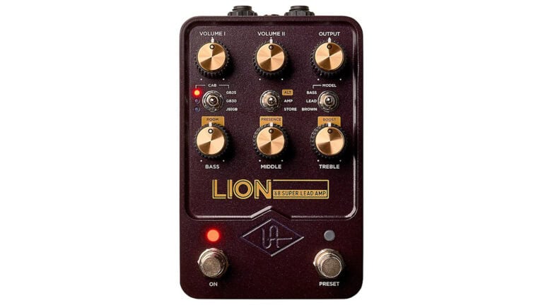 Universal Audio Lion '68 Super Lead Marshall emulation guitar pedal with maroon enclosure, gold control knobs, and dual footswitches