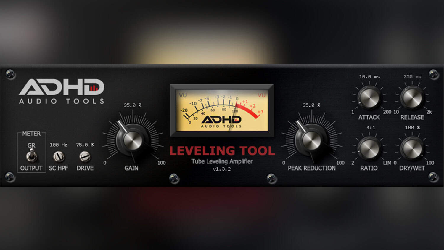 adhd audio tools leveling tool with black interface and controls and VU meter