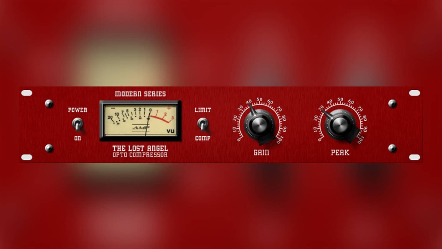 antress modern lost angel GUI with red panel, black control knobs, and VU meter