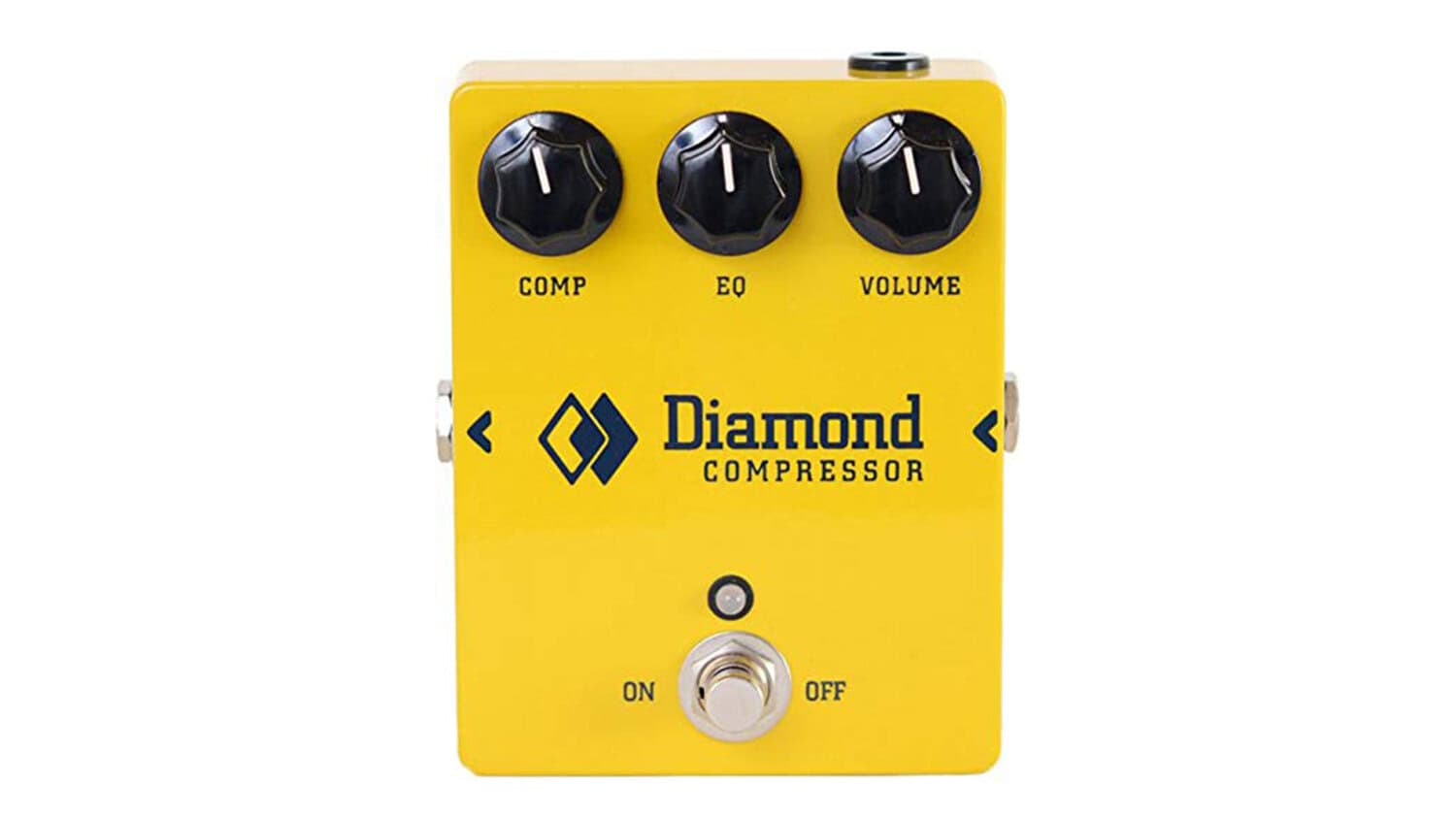 diamond compressor top shot with yellow enclosure, black control knobs, and footswitch