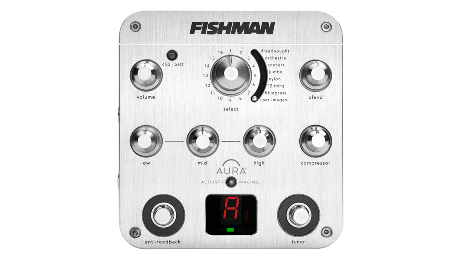 fishman aura spectrum top shot with silver enclosure and control knobs and settings LED screen