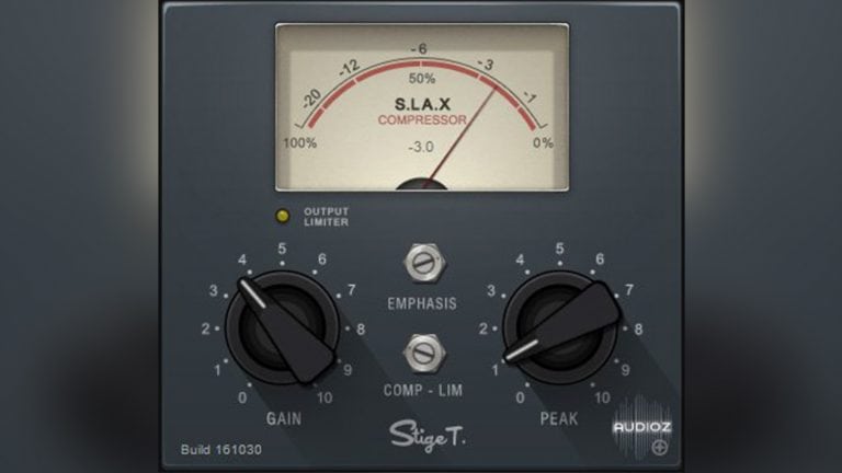 sonic anomaly slax GUI with grey interface, black control knobs, and VU meter