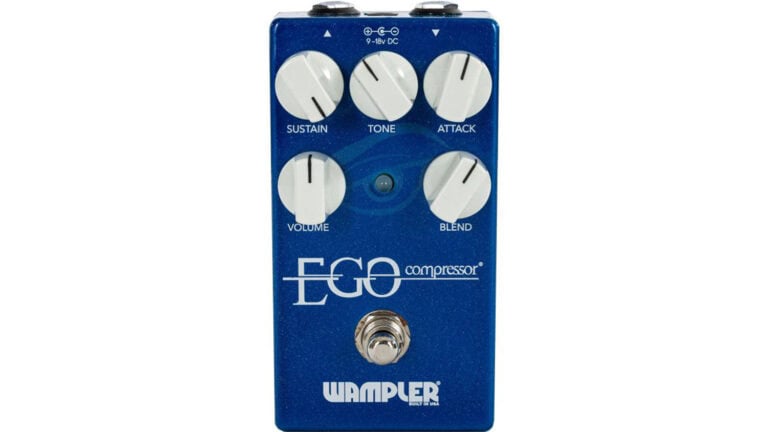 wampler ego compressor pedal with blue enclosure and white control knobs