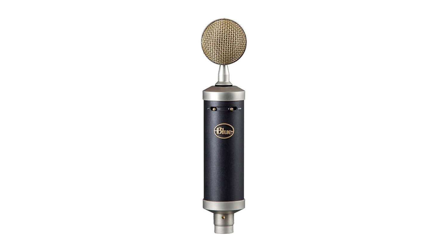 Blue Microphones Baby Bottle SL front shot with blue enclosure, circular diaphragm, and Blue Microphones logo