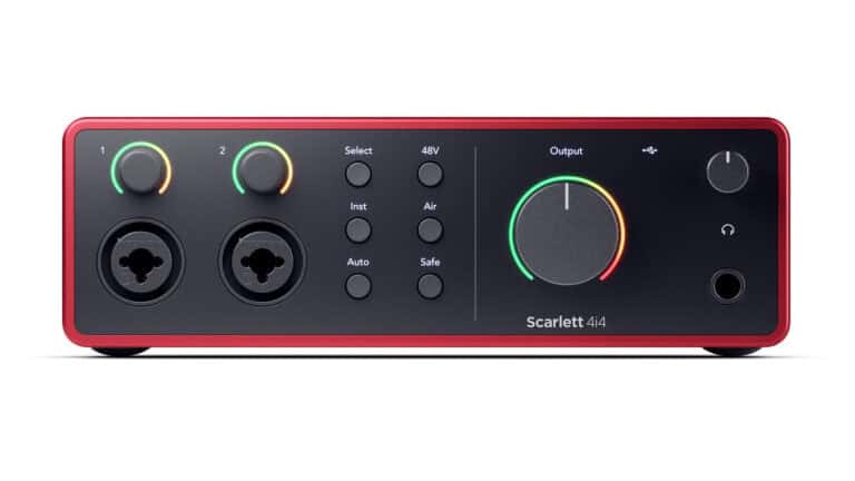 Focusrite Scarlett 4i4 Gen 4 front shot with inputs, controls, and halo metering