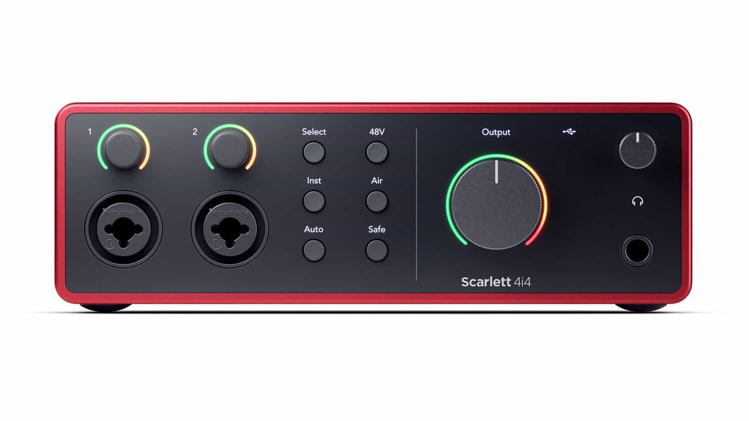 Focusrite Scarlett 4i4 Gen 4 front shot with inputs, controls, and halo metering