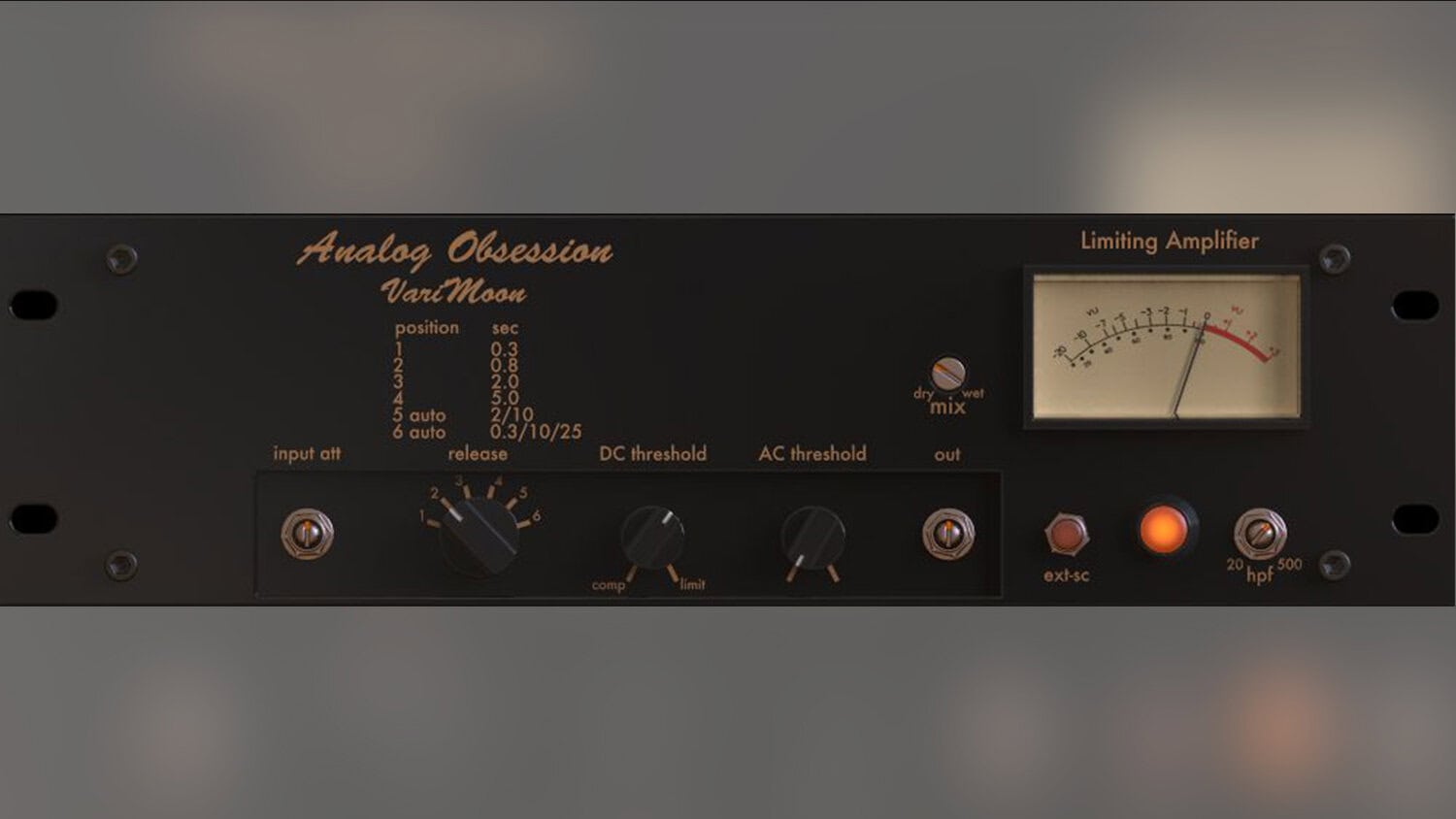 analog obsession varimoon plugin GUI with controls and VU meter