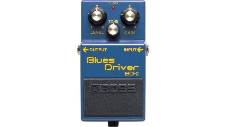 boss blues driver top shot with blue enclosure and three knob controls