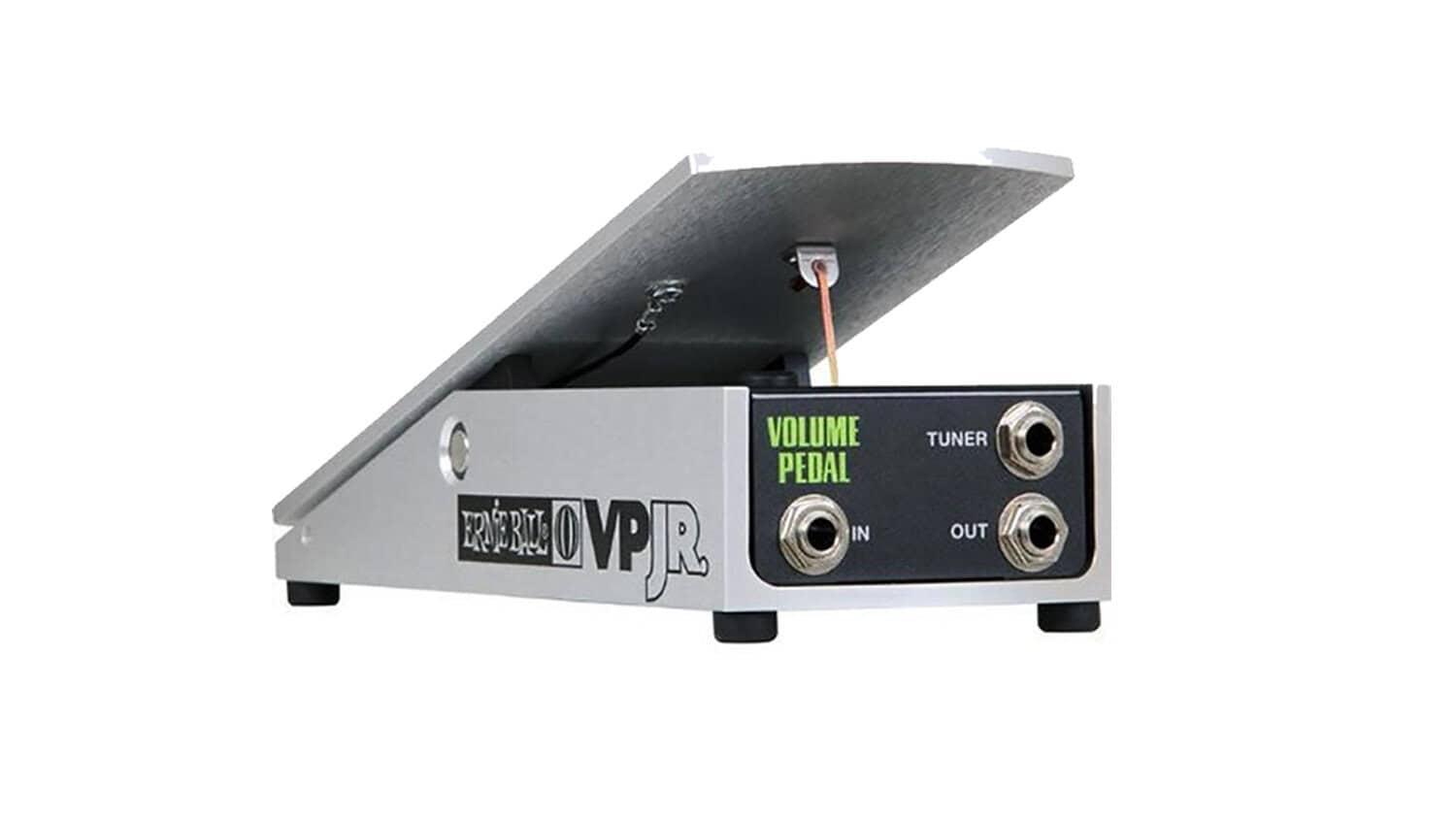 ernie ball vp jr volume pedal side angle shot with I/O, foot treadle, and Ernie Ball graphics