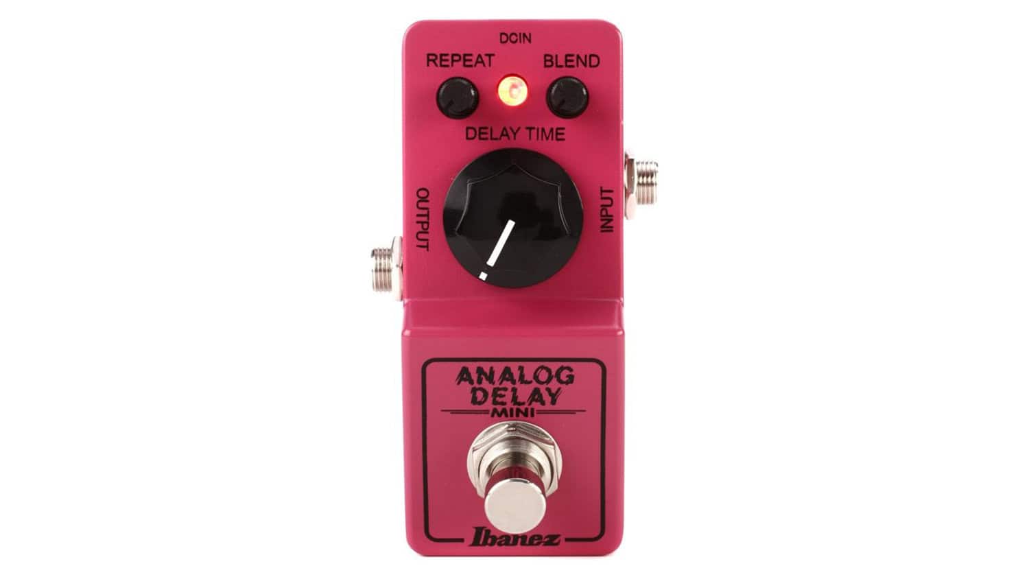 ibanez analog delay top shot with pink enclosure, black control knobs, and Ibanez graphics