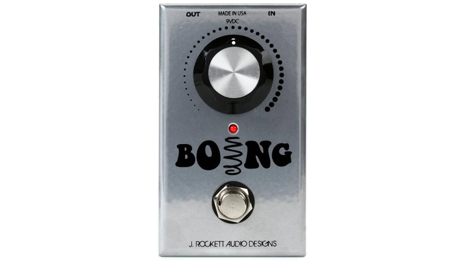 j rockett audio boing reverb top shot with silver enclosure, control knob, and footswitch