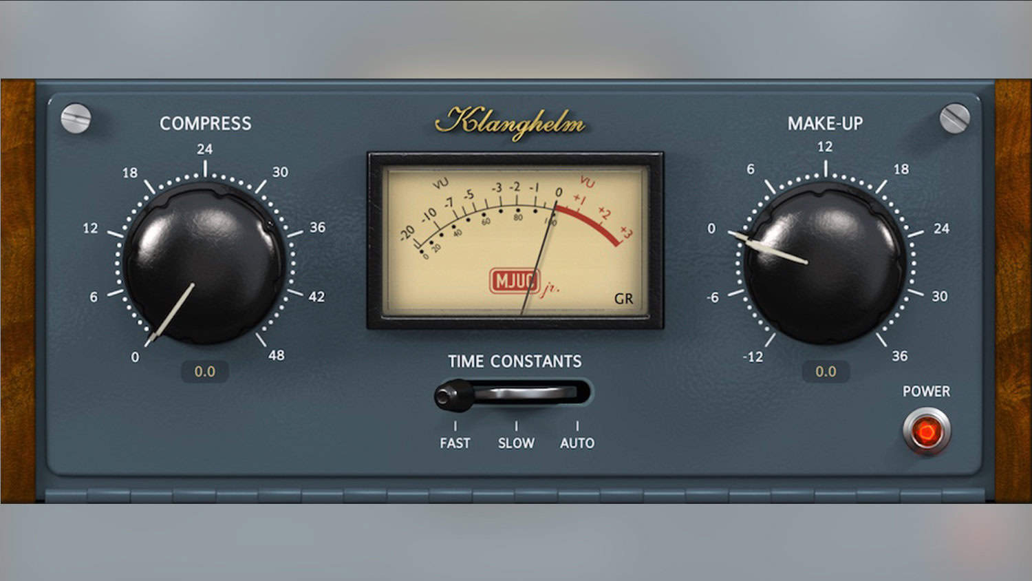 klangelm mjucjr plugin GUI with gray faceplate and faux wood side panels, controls and VU meter