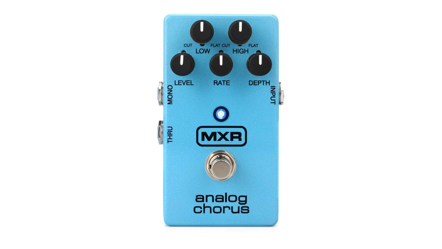 mxr analog chorus top shot with blue enclosure, graphics, footswitch, and black control knobs