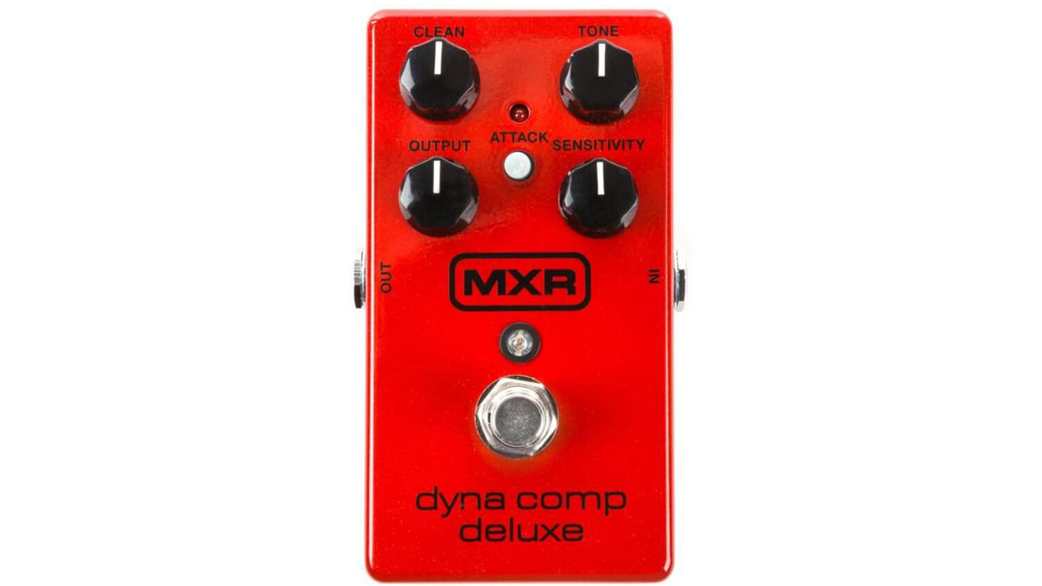 mxr dyna comp top shot with red enclosure and control knobs