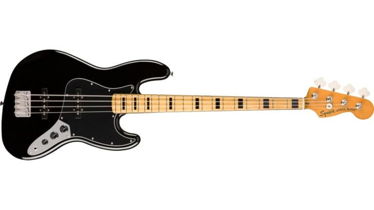squier classic vibe 70s jazz bass in black with maple fretboard and black fretboard markers
