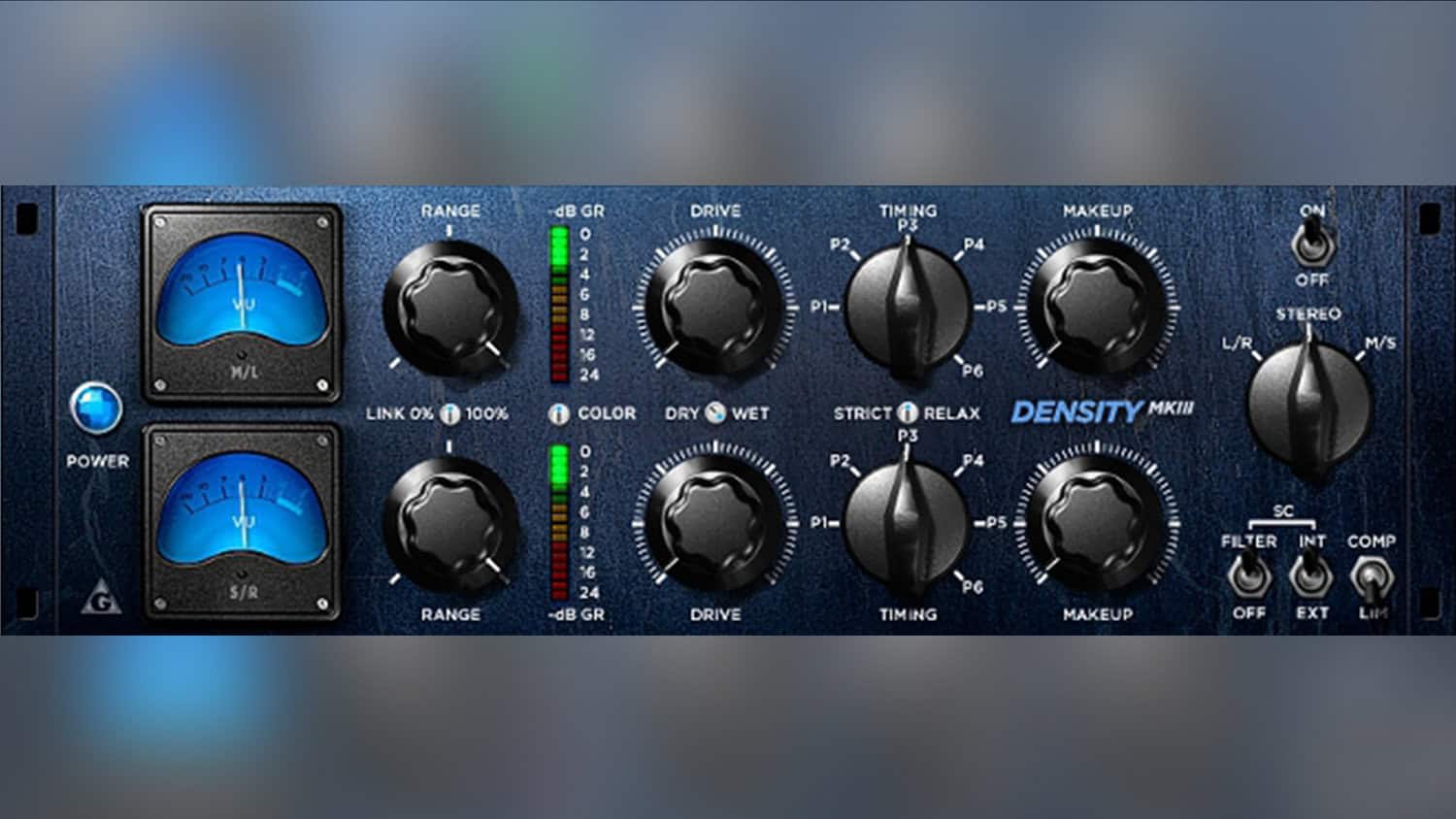 variety of sound density mkiii stereo compressor plugin GUI with dual channel controls and VU meters