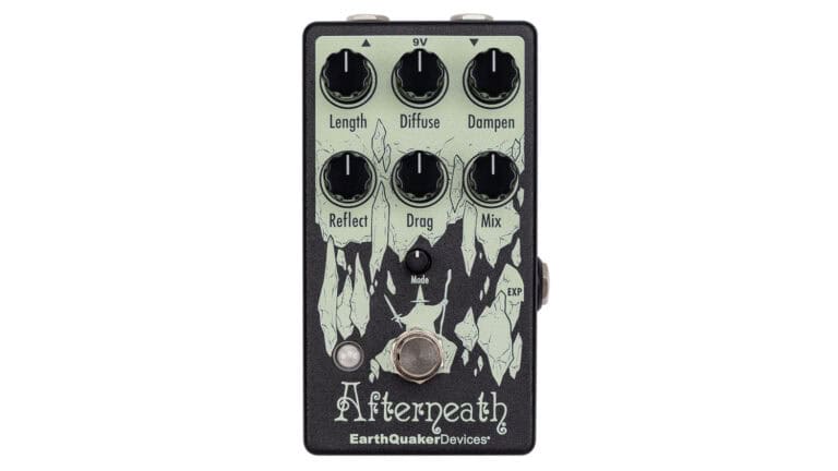 Earthquaker Devices Afterneath reverb guitar pedal with black enclosure, graphic, and six black control knobs