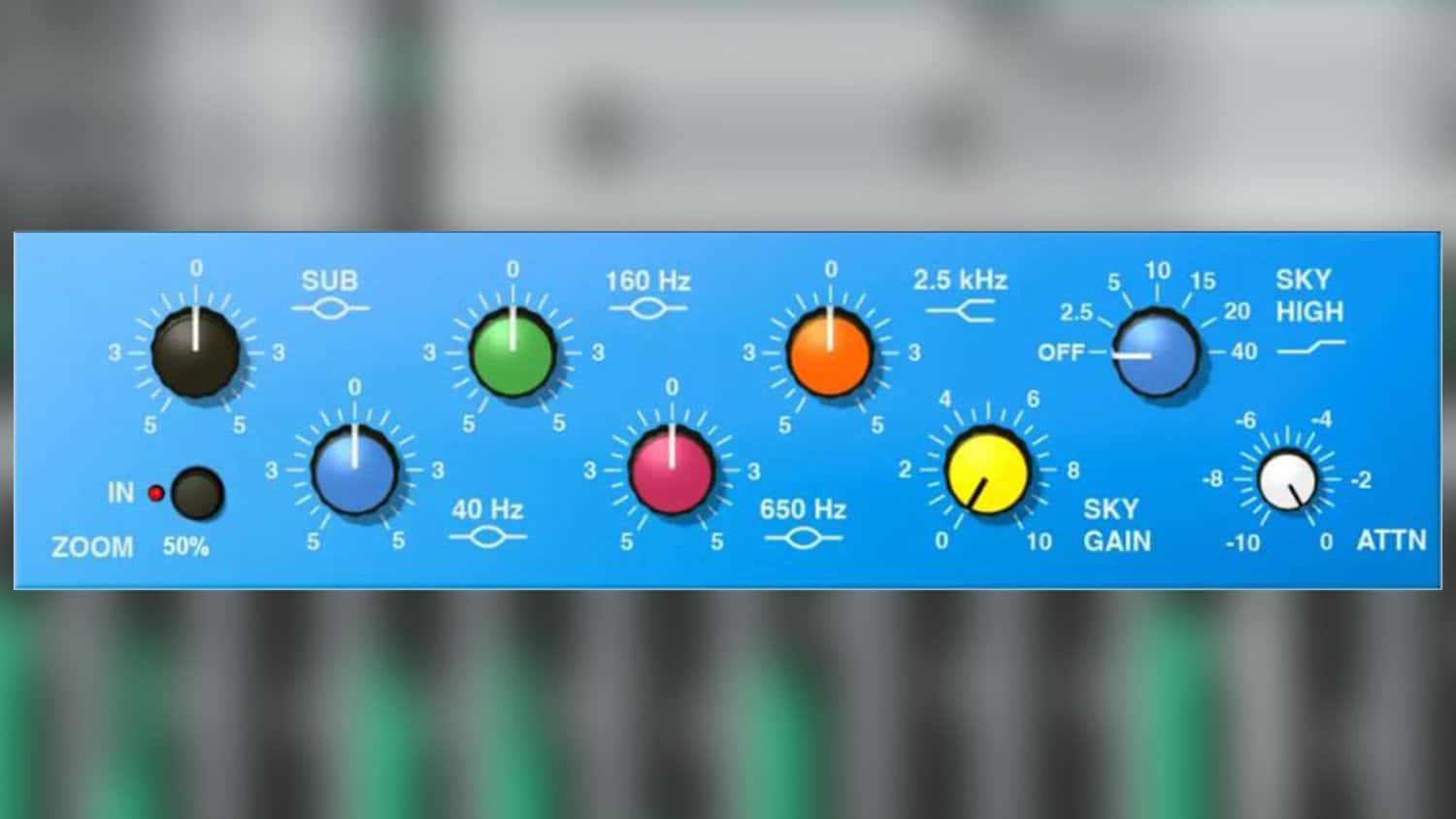 Sky Blue EQ4 plugin GUI with blue faceplate and different color controls