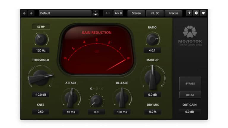 TDR Molotok plugin GUI in dark green, control knobs, and red gain reduction meter