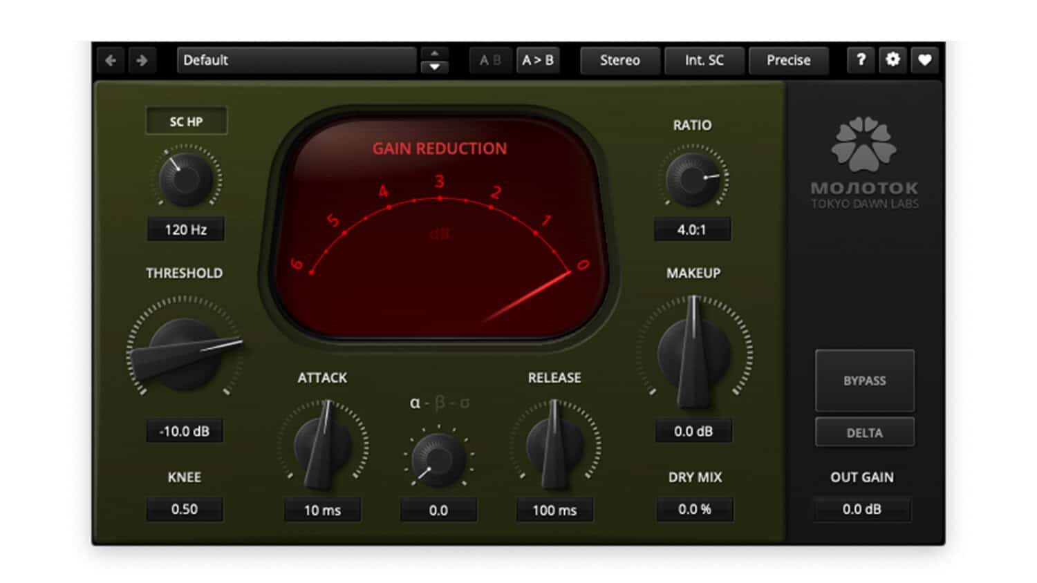 TDR Molotok plugin GUI in dark green, control knobs, and red gain reduction meter