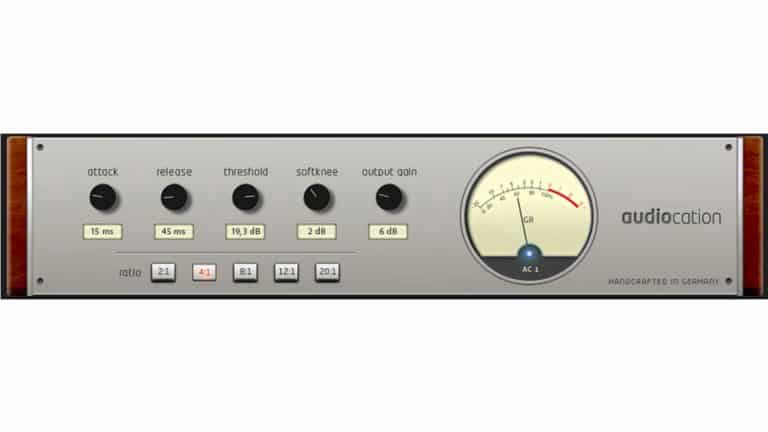 audiocation ac1 plugin GUI with grey faceplate, control knobs, yellow VU meter, and wood panel borders