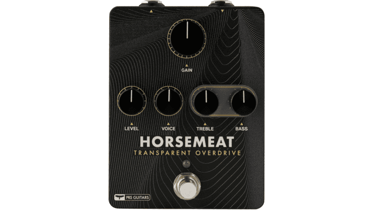 prs horsemeat transparent overdrive overdrive pedal with black enclosure and control knobs