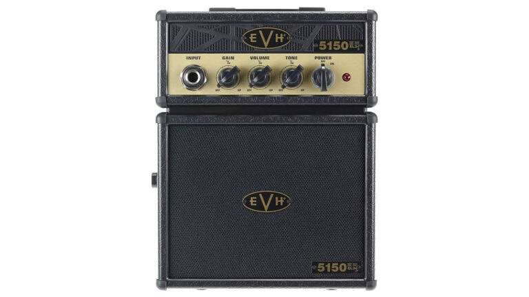 EVH 5150III Micro Stack with head and cabinet, black enclosure, and gold panel behind black control knobs