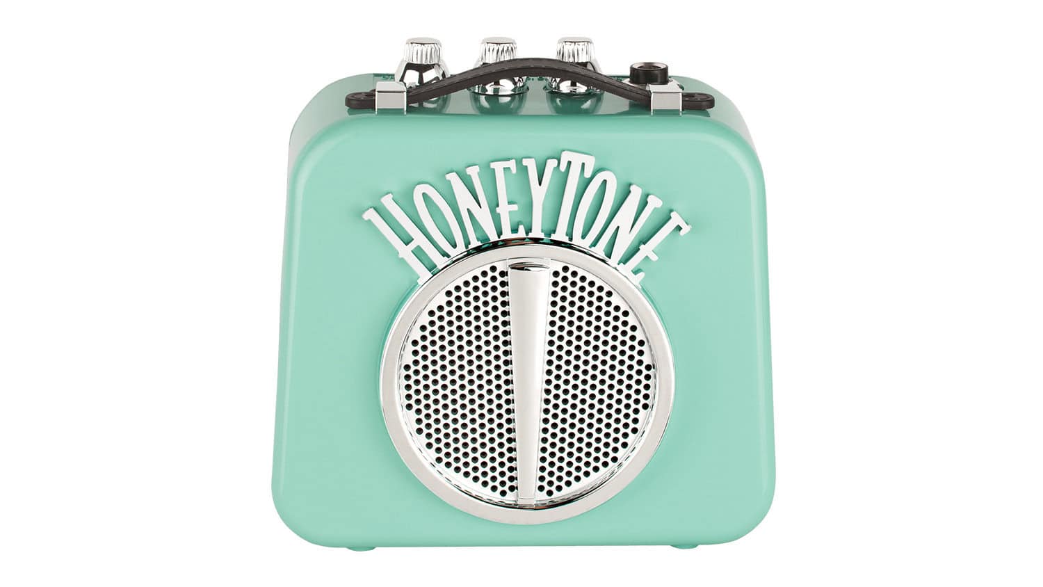 danelectro honeytone mini guitar amp with teal body, grey speaker, and grey Honeytone workdmark