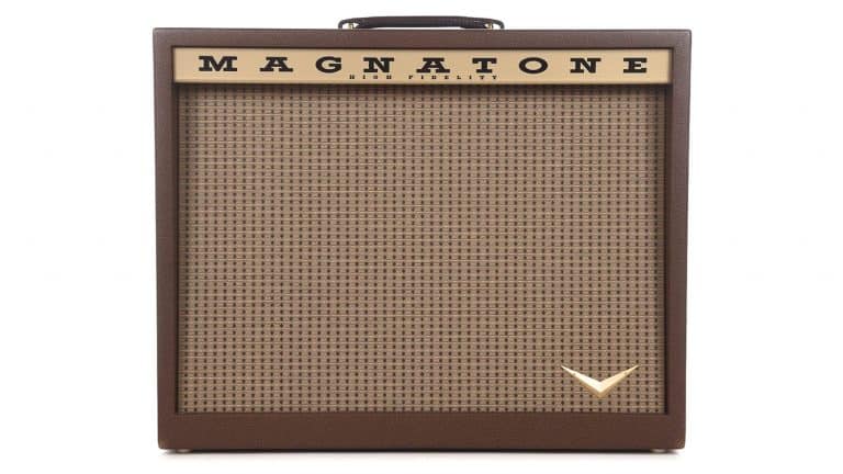 magnatone twilighter stereo guitar amp with brown tolex, beige grill cloth, and control knobs