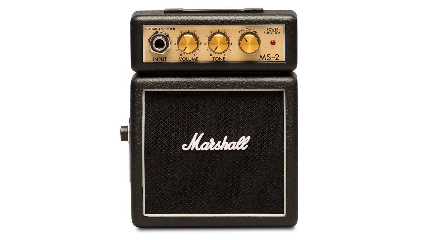 marshall ms-2 mini guitar amp with black enclosure, white marshall logo, gold panel behind gold control knobs