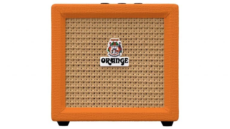 orange crush mini guitar amp with orange tolex enclosure, brown grille cloth, and orange amplification logo