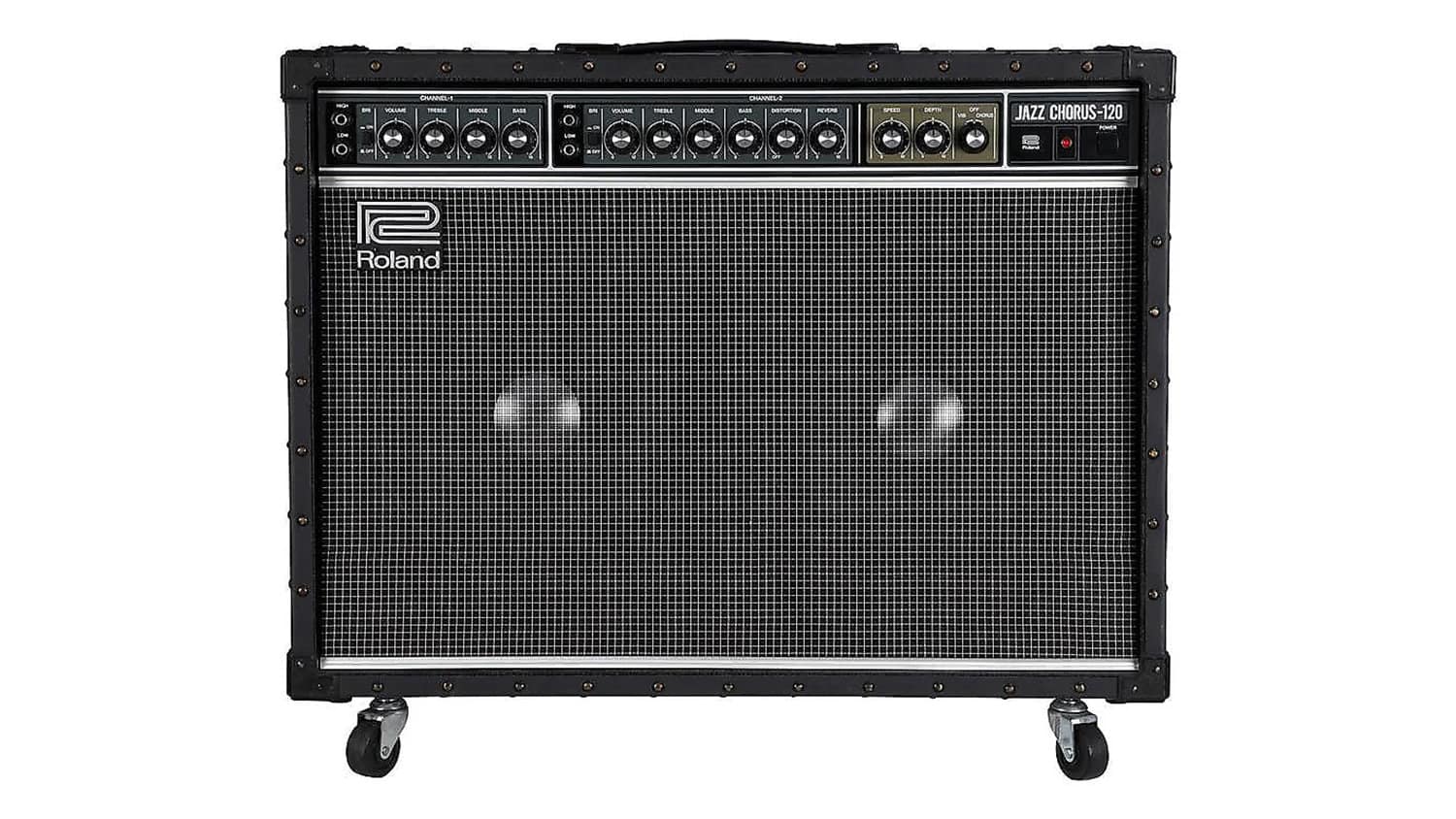 roland jc120 stereo guitar amp with silver enclosure and grille cloth and front panel controls