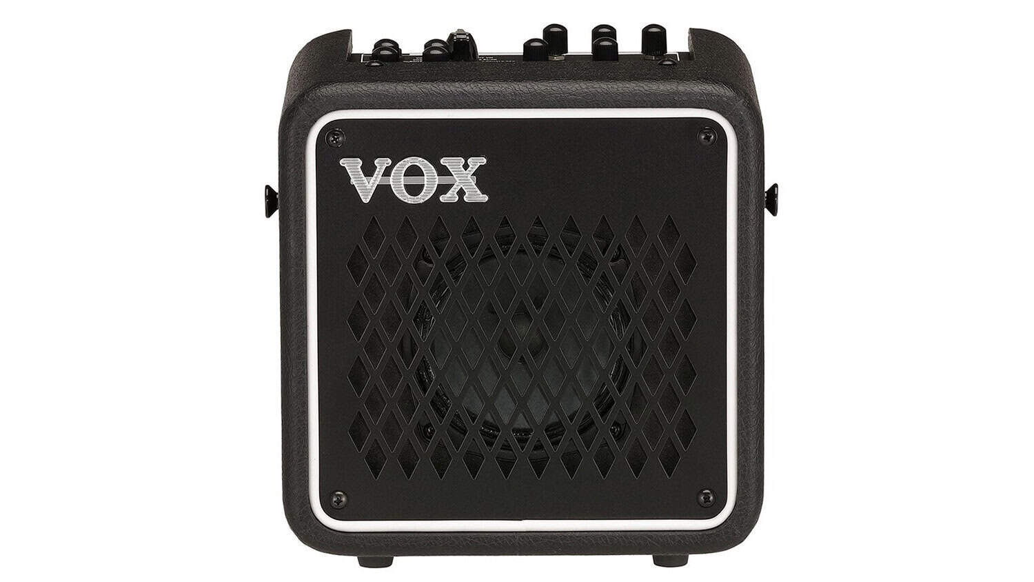 vox mini go guitar amp with black enclosure, black metal grille, gray Vox logo, and silver runner outline around grille