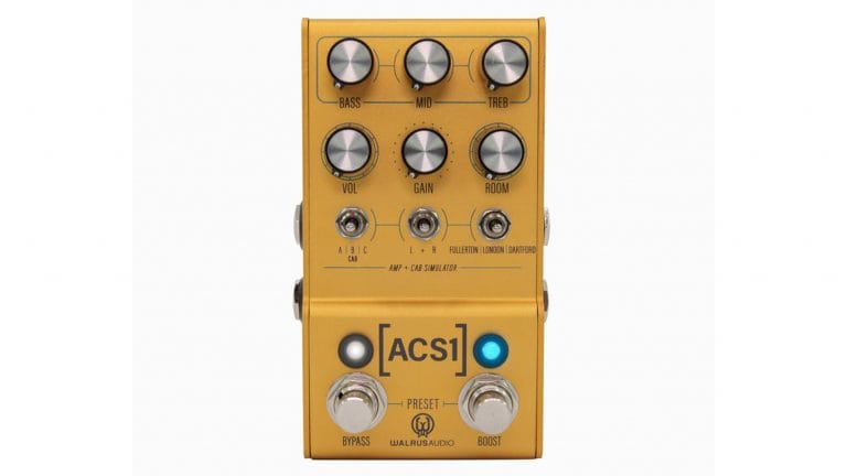 walrus audio acs1 guitar pedal with yellow enclosure and gray control knobs
