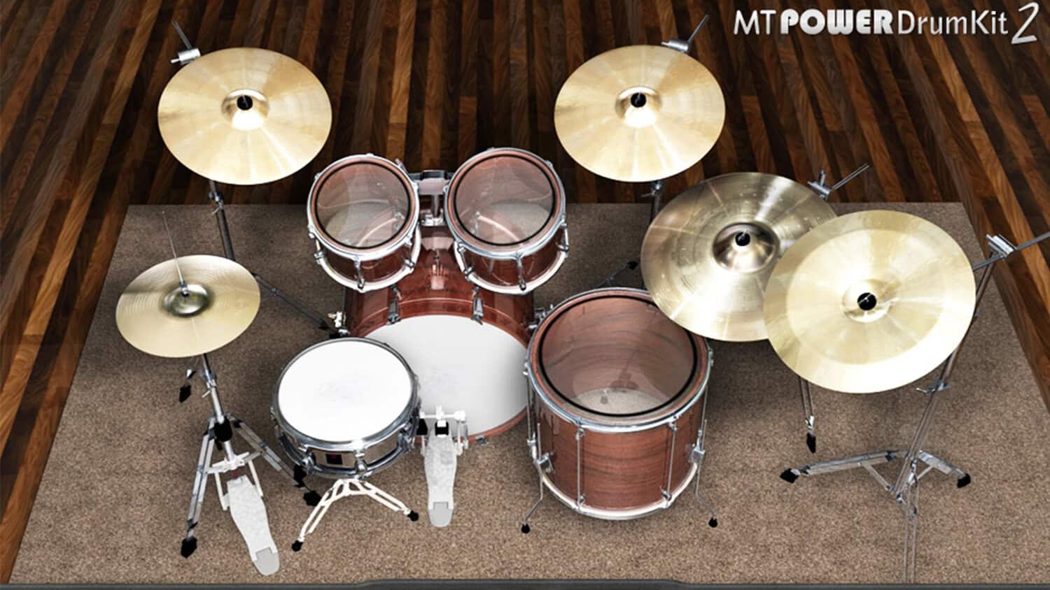 Manda Audio MT Power Drumkit 2 plugin GUI with drum kit from drummer's perspective