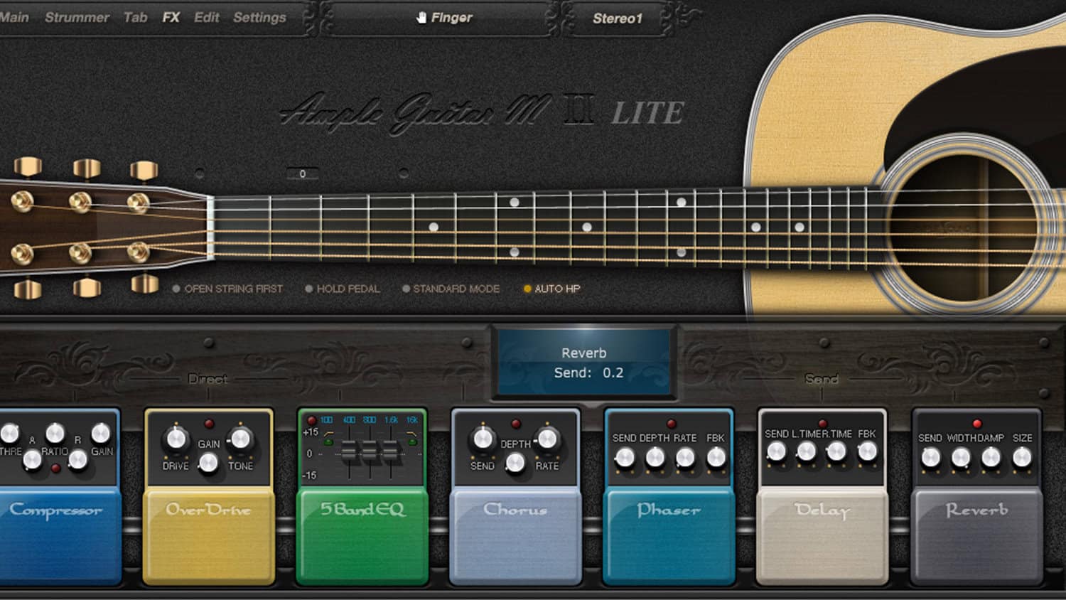 ample sound m series plugin GUI with guitar and effects pedals