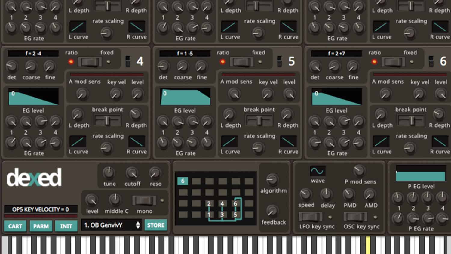 dexed synthesizer plugin GUI with each section of controls and piano roll