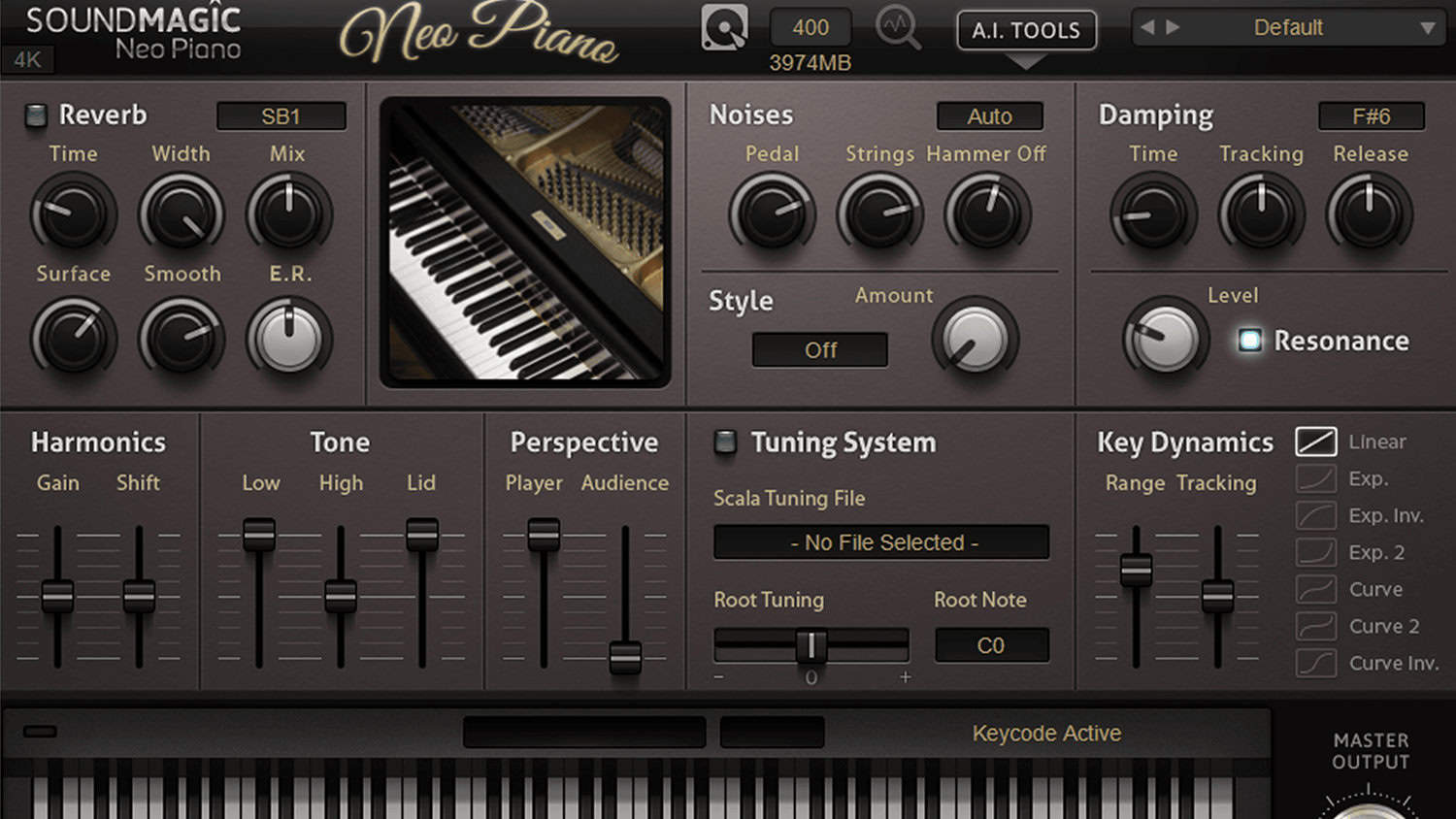 sound magic neo piano plugin GUI with controls and multiple sections