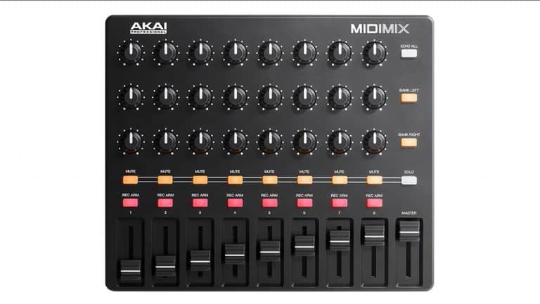 akai-professional-midimix in black with controls and backlit buttons