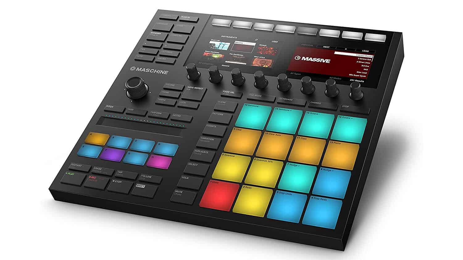 native-instruments-maschine beat production station with touchpads, transport controls, settings knobs, and LCD screen