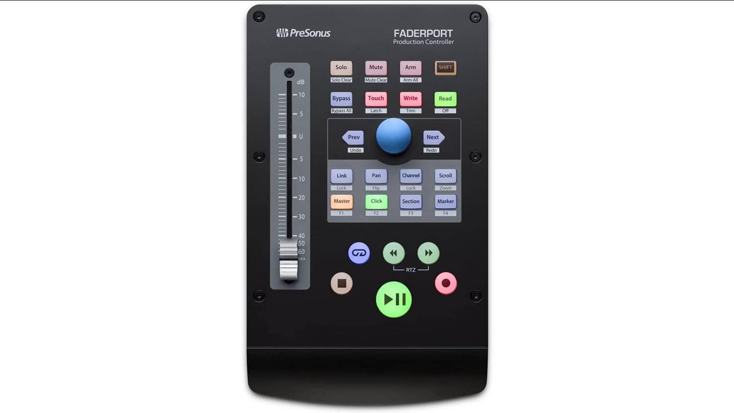 presonus-faderport control surface with black housing, fader, and various color control buttons